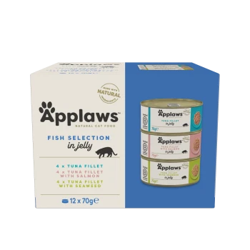 Applaws natürliche Katzenfutterbox mit Fischauswahl in Gelee, enthält 12 Dosen (70g jede) mit Thunfischfilet, Thunfisch mit Lachs und Thunfisch mit Algen.