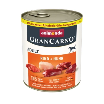 Dosenfutter für Haustiere mit der Aufschrift 'GranCarno Adult Rind + Huhn', das frische Fleischzutaten enthält, mit dem Hinweis, dass es getreidefrei und in Deutschland hergestellt ist.