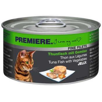 Katzenfutterdose mit einer getigerten Katze auf dem Etikett, mit dem Text "Thunfisch mit Gemüse" und "GELATINE."