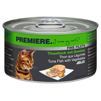 Katzenfutterdose mit einer getigerten Katze auf dem Etikett, mit dem Text "Thunfisch mit Gemüse" und "GELATINE."