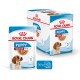 Emballage de nourriture pour chiots Royal Canin, présentant un sachet de 140g et une boîte de 10, conçu pour les chiots de taille moyenne âgés de 2 à 12 mois.