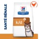 Sac de nourriture pour chats Hill's Prescription Diet k/d présentant un chat avec un collier bleu, étiqueté "SANTÉ RÉNALE" et un icône de poulet orange.