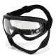 Schwarze Schutzbrille für Haustiere mit klarem, gebogenem Glas, Schaumstoffpolsterung und verstellbarem schwarzem Band; Markenaufdruck „STUCH“ auf der Linse.