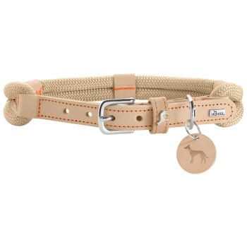 Ein stilvolles beiges Hundehalsband aus Seil und Leder, mit orangefarbenen Nähten und einer Metallschnalle, mit einem runden Anhänger, der eine Hundesilhouette zeigt.