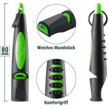 Schwarze und grüne ACME Hundepfeife mit Schlüsselring, 80 mm lang, weiches Mundstück und strukturierter Griff, beschriftet mit "Weiches Mundstück" und "Komfortgriff".