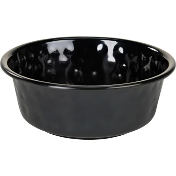 Black pet food bowl with a glossy finish and a textured interior, suitable for dogs or cats.