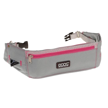 Graue Haustier-Hüfttasche mit pinken Akzenten, mit einem Reißverschlussfach und einem "DOOG"-Logo, entworfen für Hundebesitzer.