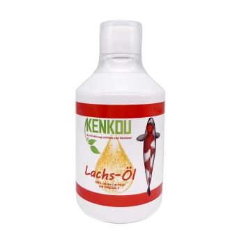 Flasche Kenkou Lachs-Öl für Koi, mit dem Etikett "100% reines Lachsöl mit OMEGA-3" und einer Fischgrafik sowie einem grünen Blatt.