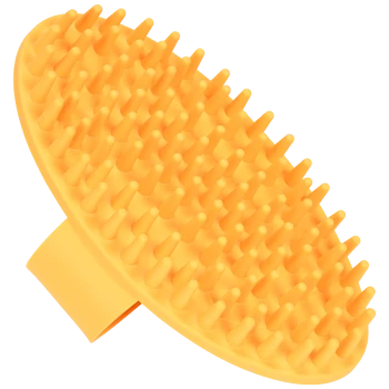 Bright orange pet grooming brush with soft, rounded spikes and a handle for easy grip.