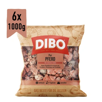 Gefrorenes Pferdefleisch-Hundefutter in einer 6x1000g Verpackung, beschriftet mit 'DIBO', mit dem Hinweis, dass es für empfindliche Hunde geeignet ist.