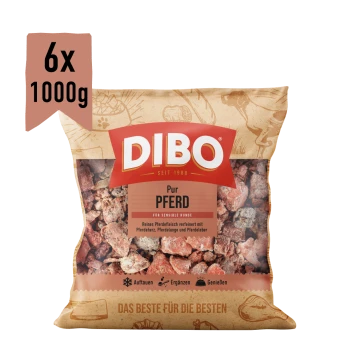 Gefrorenes Pferdefleisch-Hundefutter in einer 6x1000g Verpackung, beschriftet mit 'DIBO', mit dem Hinweis, dass es für empfindliche Hunde geeignet ist.