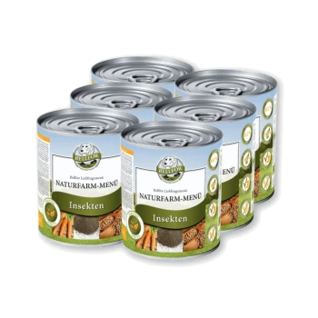 Sechs Dosen BELLI FOR Naturfarm-Menü Insekten Haustierfutter, mit einem hellblauen Etikett und Bildern von Getreide und Karotten.