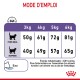Guide d'alimentation pour les chats montrant les catégories de poids idéales et en surpoids avec les quantités de nourriture quotidienne recommandées en grammes pour les chats de 3 kg à 6 kg.