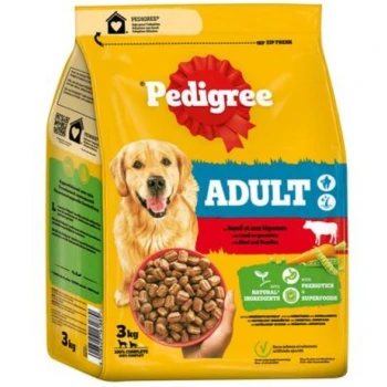 Pedigree Adult dog food bag, 3 kg, featuring a bowl of kibble and claims of natural ingredients, prebiotics, and superfoods.