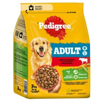 Pedigree Adult dog food bag, 3 kg, featuring a bowl of kibble and claims of natural ingredients, prebiotics, and superfoods.