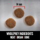 Three 14mm round pet food kibbles on a metallic surface with "WHOLEPREY INGREDIENTS MEAT | ORGAN | BONE" text below.