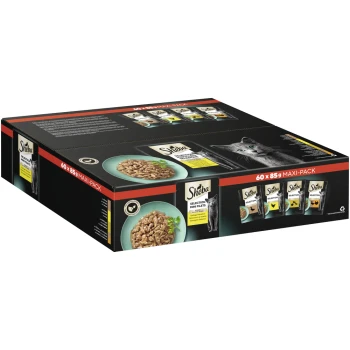 Selection in Sauce 60x85g Sheba Katzenfutter Maxi-Pack mit 60 x 85g Auswahl an Mini-Filets, mit einem Foto einer Katze und einer Schüssel mit Nassfutter.