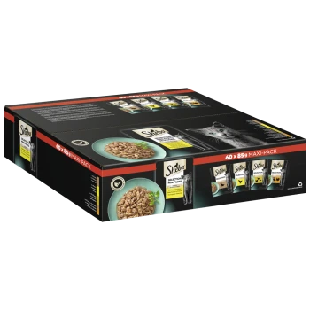 Sheba Katzenfutter Maxi-Pack mit 60 x 85g Auswahl an Mini-Filets, mit einem Foto einer Katze und einer Schüssel mit Nassfutter.