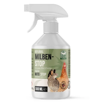 Sprühflasche mit der Aufschrift "Geflügel Milben-Stop" für Geflügel, 500 ml, entworfen, um Milben und Parasiten abzuwehren, mit Bildern einer Wachtel und einer Henne.