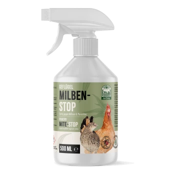 Sprühflasche mit der Aufschrift "Geflügel Milben-Stop" für Geflügel, 500 ml, entworfen, um Milben und Parasiten abzuwehren, mit Bildern einer Wachtel und einer Henne.