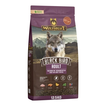 Wolfsblut Black Bird Adult Hundefutterbeutel mit Wolfsbild, Truthahn und Süßkartoffeln, 12,5 kg, recycelbare Verpackung.