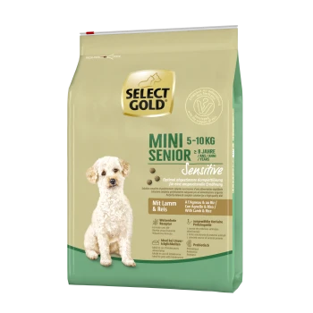 Select Gold Mini Senior dog food bag, 5-10 kg, for dogs over 8 years. Features "Sensitive" formula with lamb and rice.