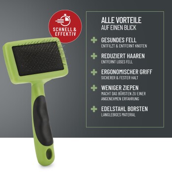 Grüne Haustierpflegebürste mit einem schwarzen Borstenkopf; fördert gesundes Fell, reduziert Haaren, ergonomischer Griff und langlebiger Edelstahl.
