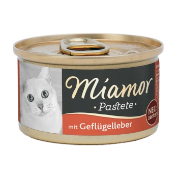 Dose Katzenfutter mit einer weißen Katze auf dem Etikett, beschriftet mit 'Miamor Pastete mit Geflügel-Leber', wobei 'NEU: zarter' hervorgehoben ist.