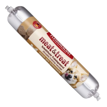 In Silberfolie gewickelte Tube der FLEISCHESLUST 'meat&treat' – in Scheiben schneidbare Trainingswurst für Hunde, Verpackung zeigt einen leckenden Corgi