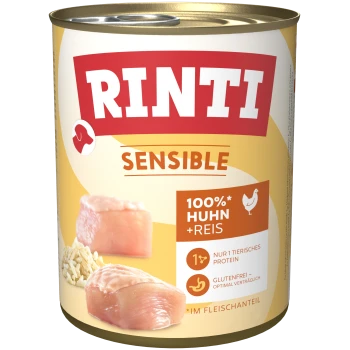 Dose RINTI Sensible Tierfutter mit Darstellung roher Hühnerstücke und Reis, Aufschrift „100% Huhn + Reis“