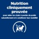 Image bleue avec le texte français « Nutrition cliniquement prouvée » indiquant qu'elle aide les chats à perdre du poids et à améliorer leur mobilité ; icône de chat avec un ruban à mesurer