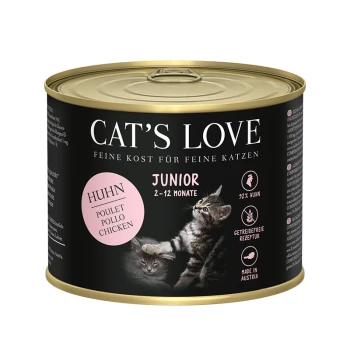 Cat's Love Nassfutterdose für Kätzchen, mit zwei verspielten Kätzchen auf dem Etikett, mit dem Text "Huhn" und "Junior 2-12 Monate".