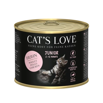 Puszka mokrej karmy dla kotów Cat's Love dla kociąt, z dwoma figlarnymi kociętami na etykiecie, z napisem "Huhn" (kurczak) i "Junior 2-12 Monate".