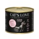 Nourriture humide pour chat Cat's Love en boîte pour chatons, avec deux chatons joueurs sur l'étiquette, avec le texte "Huhn" (poulet) et "Junior 2-12 Monate".