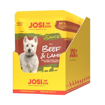 JosiDog Mini Adult Hundefutter mit Rind & Lamm in Sauce, 84 % Fleisch & tierische Nebenerzeugnisse, Verpackung in Premiumqualität.
