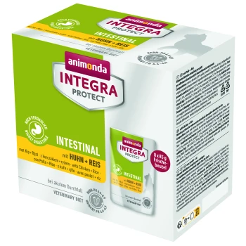 Verpackung von Animonda Integra Protect Intestinal Haustierfutter, mit Huhn und Reis, als hochverdaulich und für die veterinärmedizinische Diät gekennzeichnet.