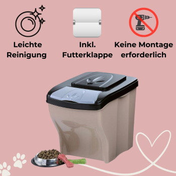 Beiger Futtersilo mit schwarzem Deckel und Klappe, Napf und Kauspielzeug; deutsche Beschriftungen: Leicht zu reinigen; inkl. Klappe; keine Montage