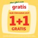 Werbebild für einen Online-Haustierladen, der ein "1+1 GRATIS"-Angebot anbietet, mit dem Text "Hier gibt's was gratis" und "NUR FÜR KURZE ZEIT."