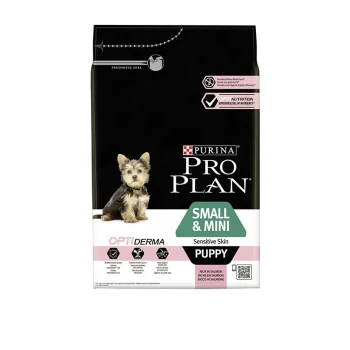Chien Small & Mini Puppy Sensitive Skin 3 KG Sac de nourriture pour chiots Purina Pro Plan Small & Mini présentant un Yorkshire Terrier, étiqueté pour peau sensible, riche en saumon.