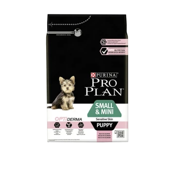 Purina Pro Plan Small & Mini Puppy voedselzak met een Yorkshire Terrier, gelabeld voor gevoelige huid, rijk aan zalm.