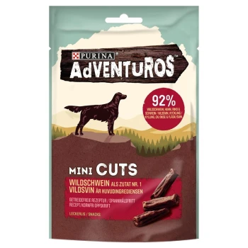 Verpackung von Purina Adventuros Mini Cuts Hundeleckerlis mit einer Silhouette eines Hundes, die "92% Wildschwein" und "Wildschwein als Zutat Nr. 1" angibt.