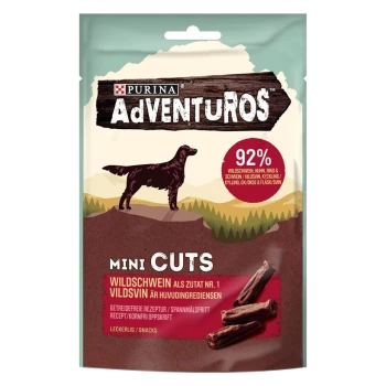 Verpackung von Purina Adventuros Mini Cuts Hundeleckerlis mit einer Silhouette eines Hundes, die "92% Wildschwein" und "Wildschwein als Zutat Nr. 1" angibt.