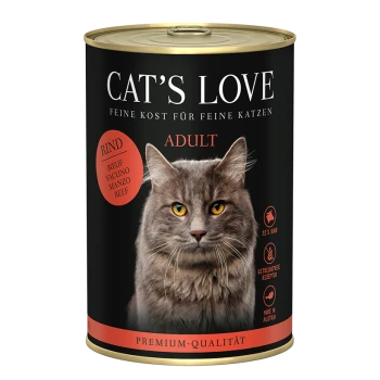 Karma w puszce dla kotów oznaczona "CAT'S LOVE" z twarzą szarego kota z przodu, z oznaczeniami "ADULT" i "RIND" (wołowina) w czerwonych okręgach.