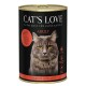 Karma w puszce dla kotów oznaczona "CAT'S LOVE" z twarzą szarego kota z przodu, z oznaczeniami "ADULT" i "RIND" (wołowina) w czerwonych okręgach.