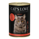 Dosenfutter für Katzen, beschriftet mit "CAT'S LOVE" mit dem Gesicht einer grauen Katze auf der Vorderseite, mit "ADULT" und "RIND" in roten Kreisen.