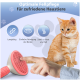Eine Hand berührt eine rosa Haustierbürste neben einer roten Katze. Text: "Optimale Fellpflege für zufriedene Haustiere" mit aufgelisteten Eigenschaften.