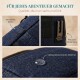 Blauer Halter für Haustierabfallbeutel mit verstellbaren Riemen, Metallclip, Karabiner und Reißverschlussfach. Text: "Robust + Funktional."