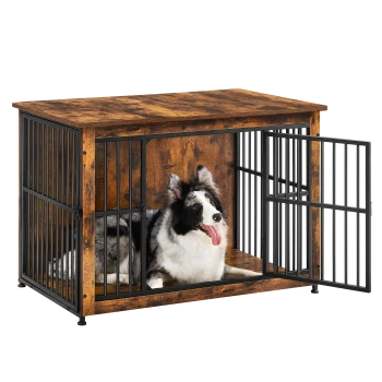Ein stilvolles Holz-Hundekäfig mit schwarzen Metallstäben, in dem ein glücklicher Hund sitzt. Der Käfig hat zwei offene Türen.