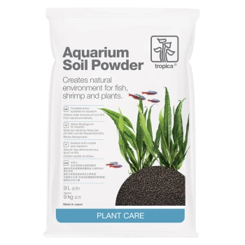 Aquarium Bodenpulverbeutel mit üppigen grünen Pflanzen und bunten Fischillustrationen, mit Text, der die Vorteile für aquatische Umgebungen hervorhebt.