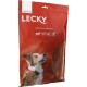 Rote Verpackung für Lecky Hundeleckerlis mit einem glücklichen Hund mit Halsband, beschriftet 'Buffa'Natura extra-hart', und Icons für 100% natürlich und fettarm.
